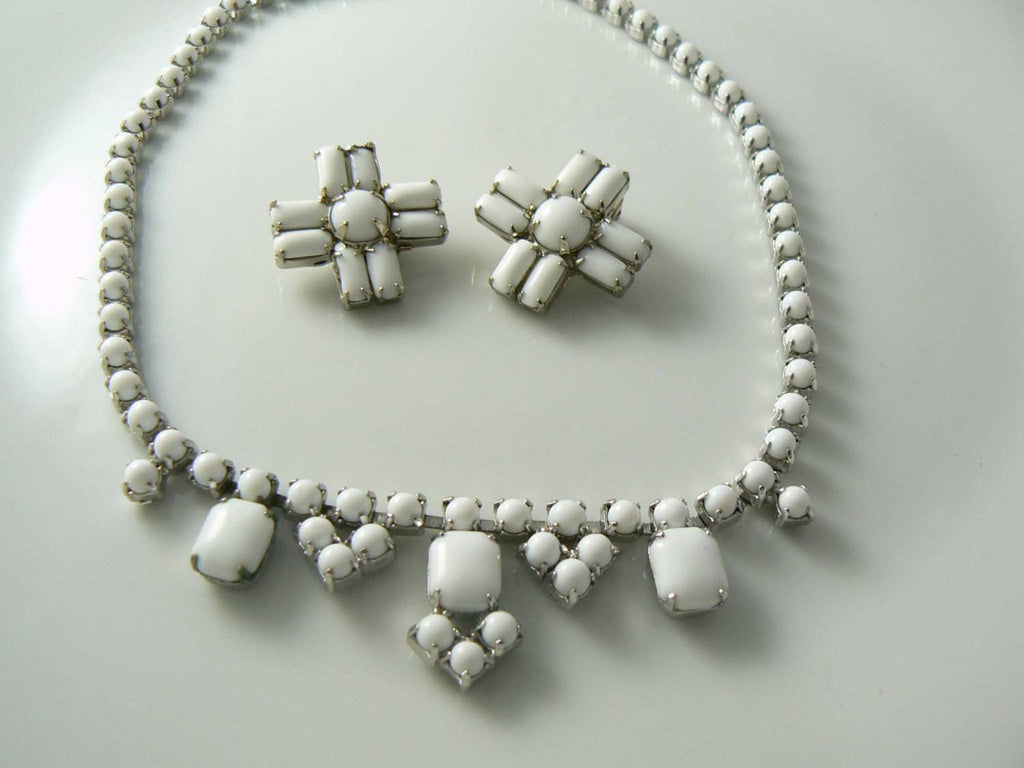 Vintage Milk White Rhinestone Necklace & Earring Set