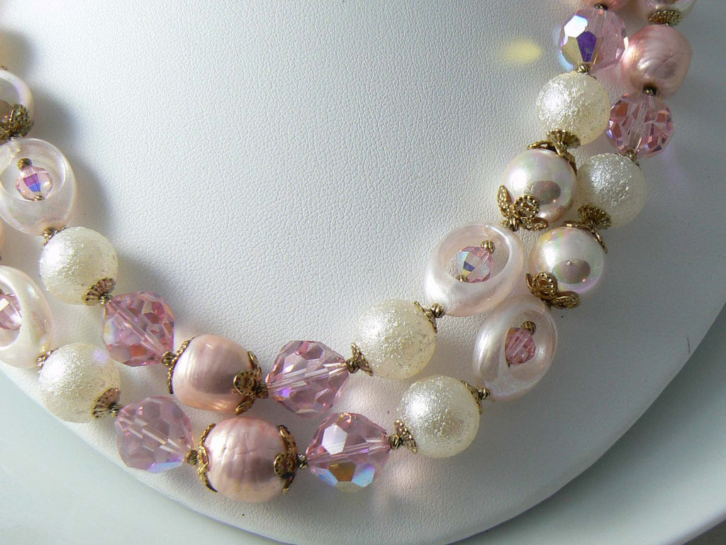 Vendome 2 Strand Pink White Beaded Crystal Necklace And Earrings