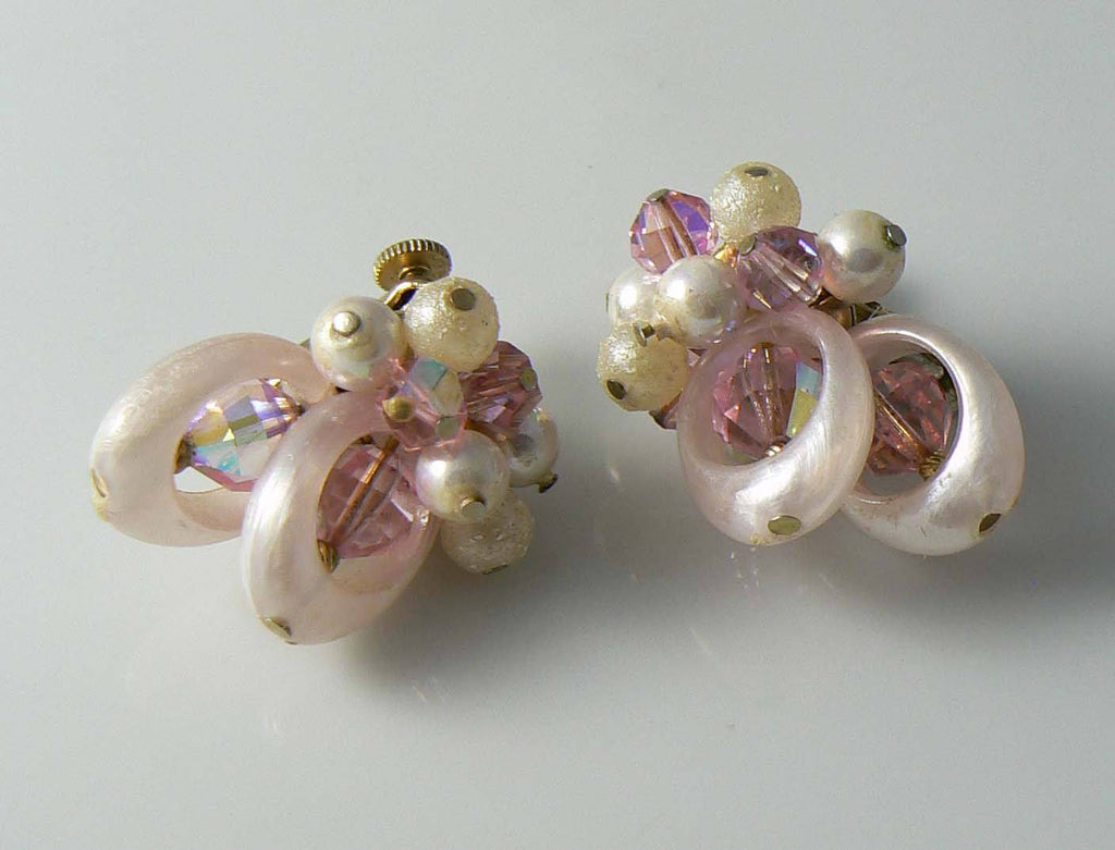 Vendome 2 Strand Pink White Beaded Crystal Necklace And Earrings - Vintage Lane Jewelry