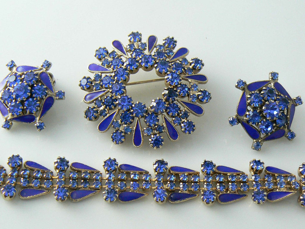 Weiss Bracelet, Brooch & Clip Earrings Blue Enamel Rhinestones