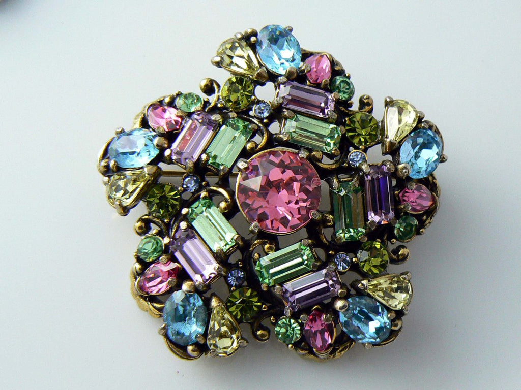 1953 Classic Hollycraft Pastel Rhinestone Brooch And Earrings - Vintage Lane Jewelry