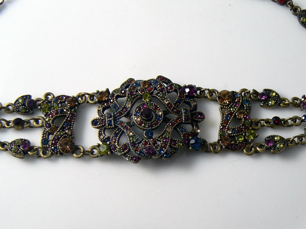 Revival Dark Gold Tone Metal Amethyst Crystal Encrusted Choker - Vintage Lane Jewelry