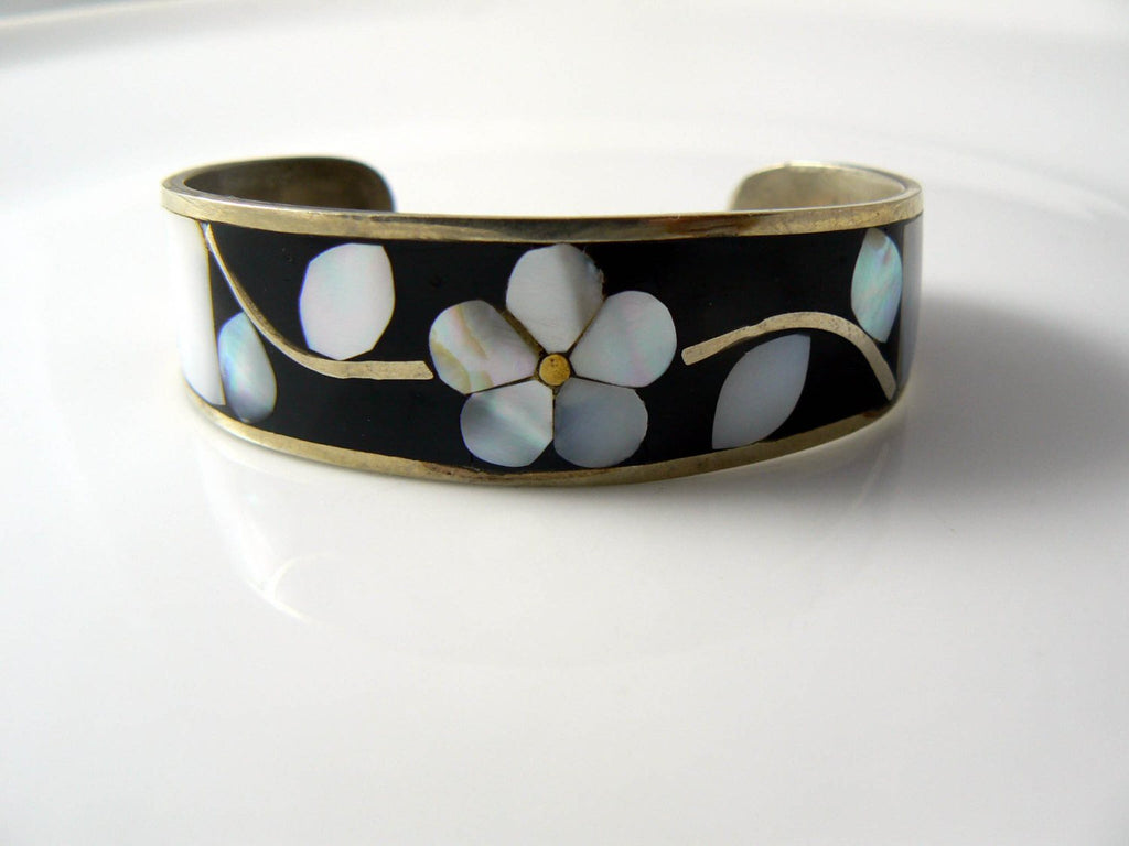 Vintage Silvertone And Mother Of Pearl Mosaic Cuff Bracelet
