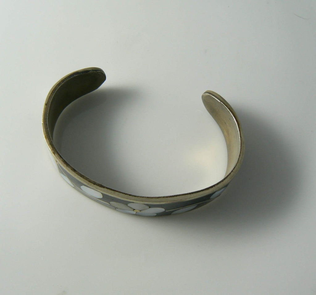 Vintage Silvertone And Mother Of Pearl Mosaic Cuff Bracelet - Vintage Lane Jewelry