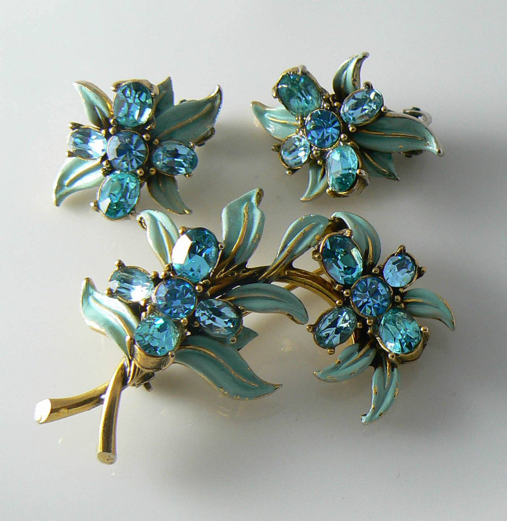 Hollycraft Aqua Enamel Leaves Rhinestone Flowers Demi Parure