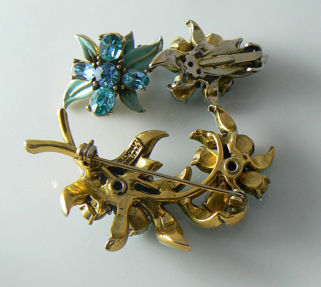 Hollycraft Aqua Enamel Leaves Rhinestone Flowers Demi Parure - Vintage Lane Jewelry
