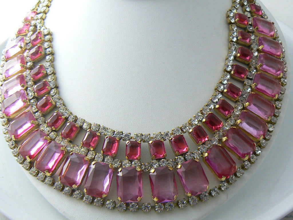 Red and Pink Czech Rhinestone Bib Necklace - Vintage Lane Jewelry