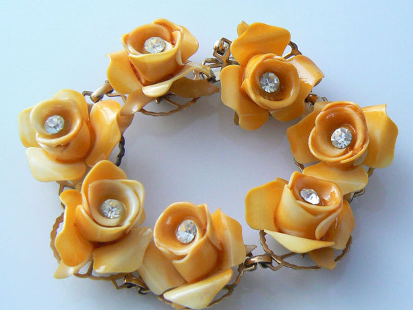 Vintage Celluloid Jewelry Flower Bracelet Rhinestones