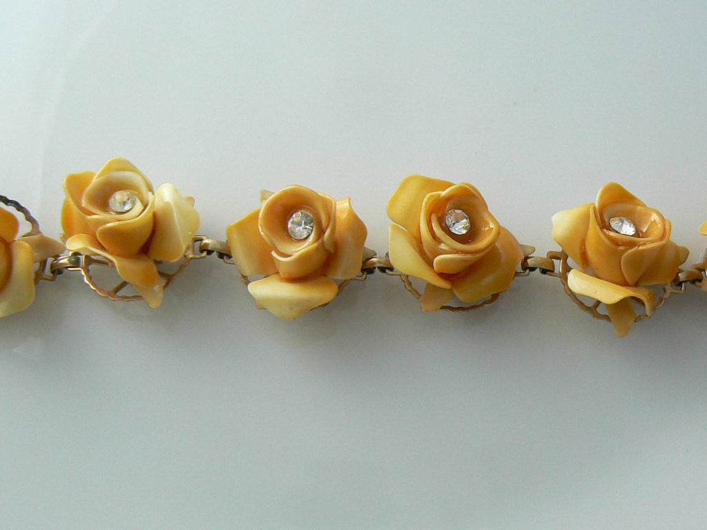 Vintage Celluloid Jewelry Flower Bracelet Rhinestones - Vintage Lane Jewelry