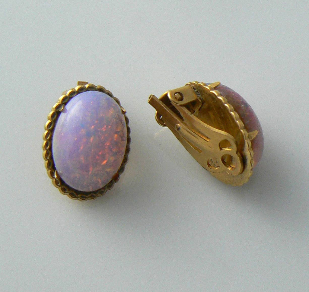 Vintage Gold Plated Dragons Breath Opaline Clip Earrings - Vintage Lane Jewelry