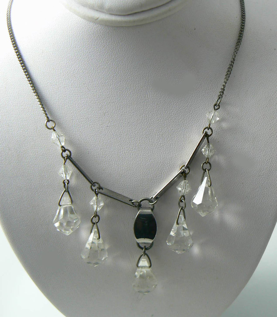 Vintage Art Deco Chome & Crystal Dropper Necklace
