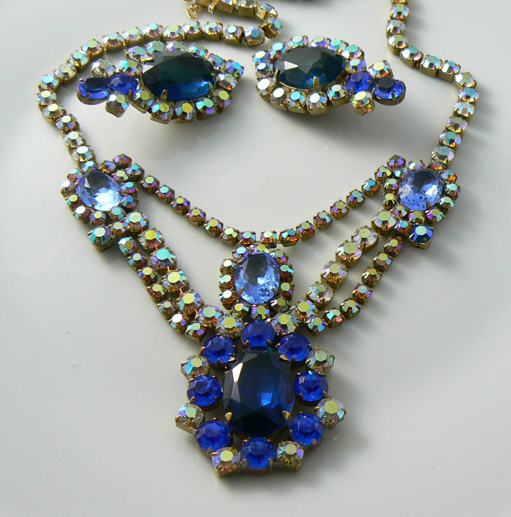 Czech Sapphire Blue Glass Necklace And Earrings Set