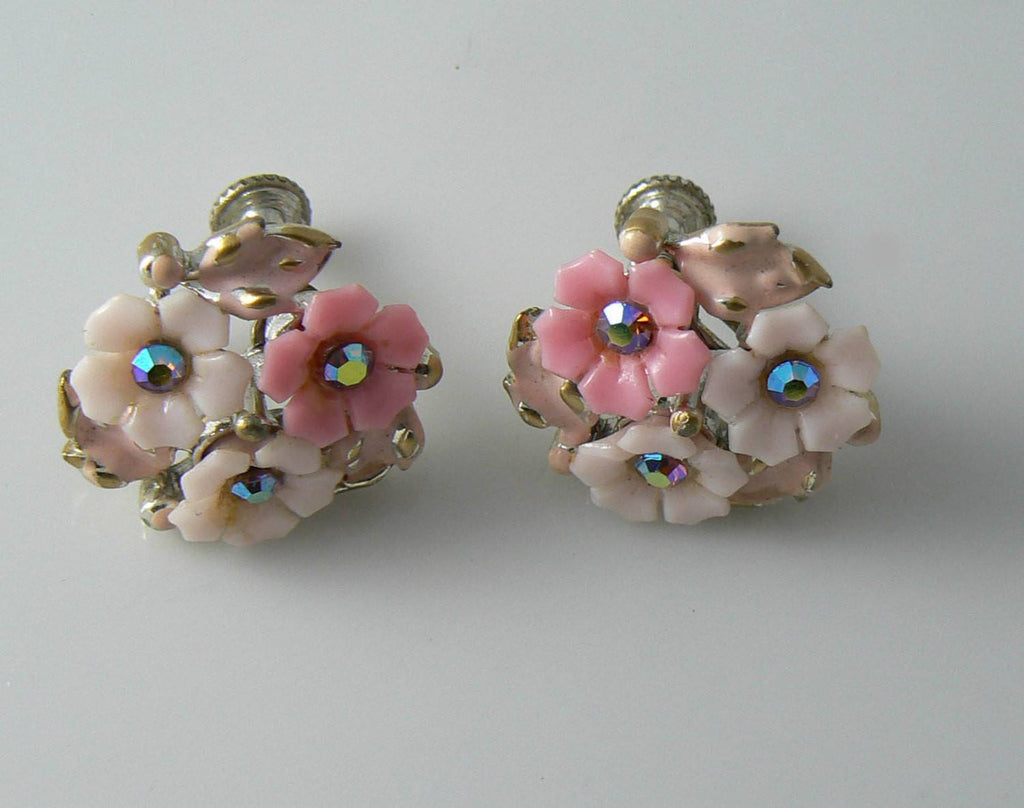 Coro Pink Plastic Flowers With Ab Rhinestones & Enamel Leaves Earrings