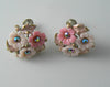 Coro Pink Plastic Flowers With Ab Rhinestones & Enamel Leaves Earrings - Vintage Lane Jewelry