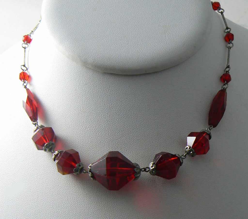 Art Deco Red Faceted Glass Necklace