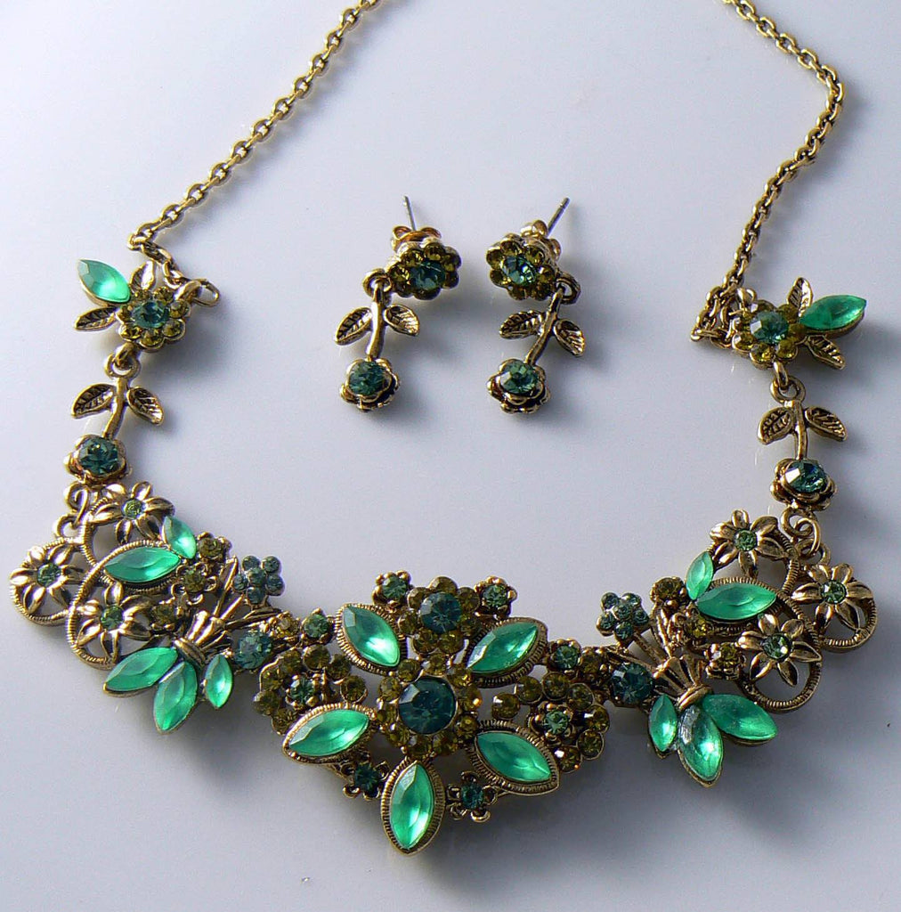 Lime Green And Emerald Green Floral Necklace And Earrings