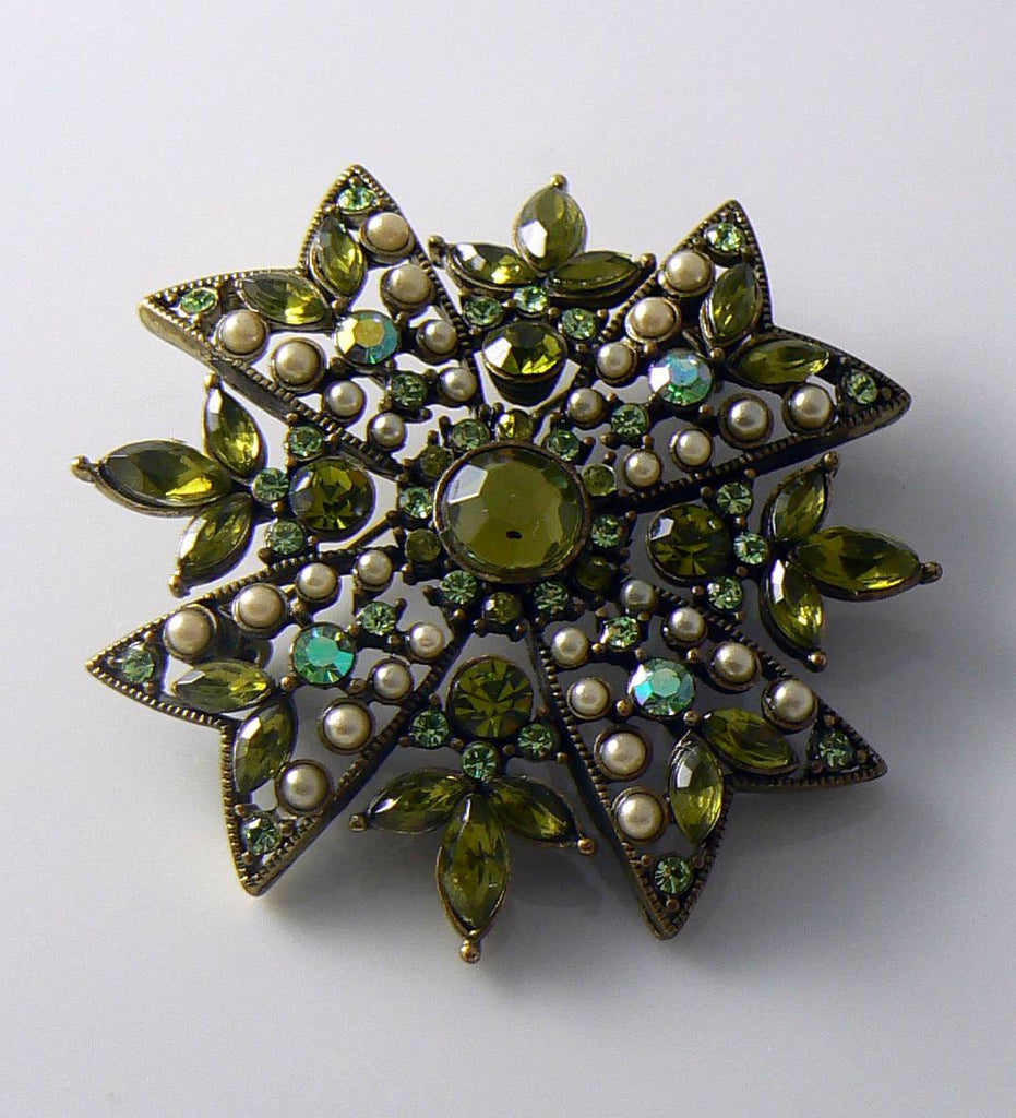 Vintage Green Rinestone And Faux Pearl Maltese Cross Brooch