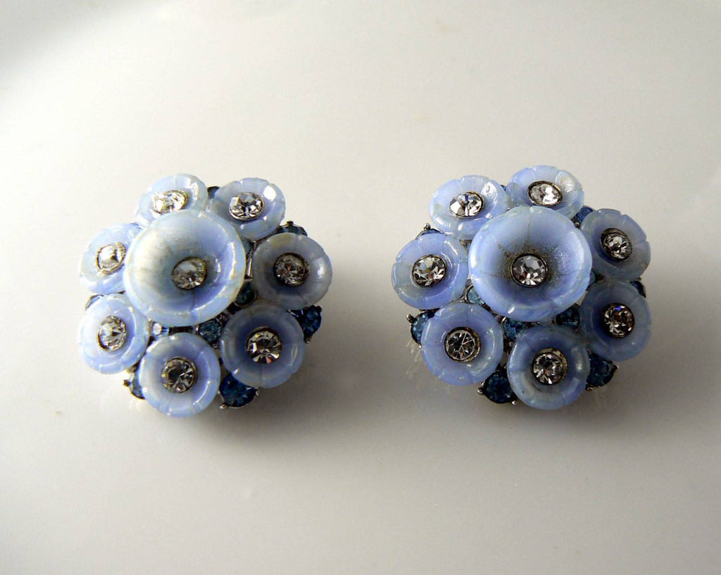 Vintage Hollycraft Blue Lucite Blue Clear Crystal Clip Earrings