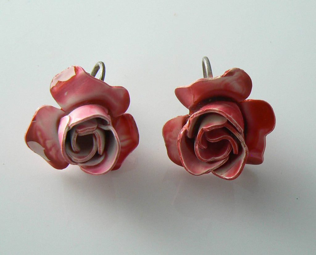 Pretty Pink And White Enamel Rose Earrings