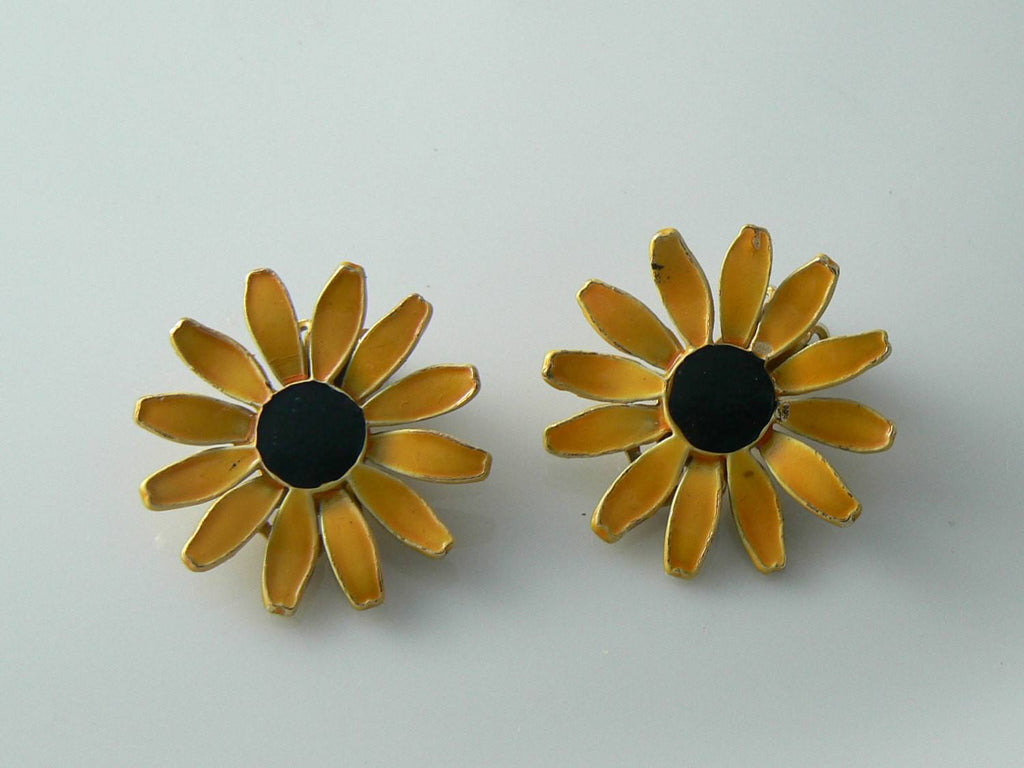 Enamel Sunflower Clip On Earrings Signed Art