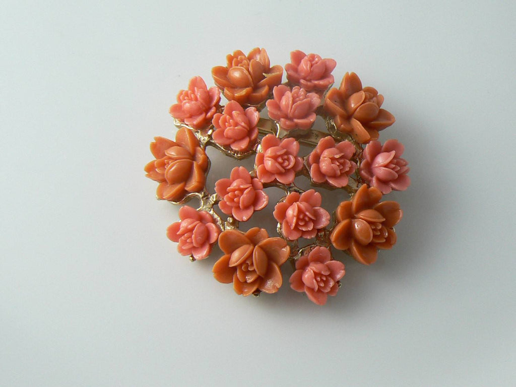 Gorgeous 1950's Coral Celluloid Roses Pin
