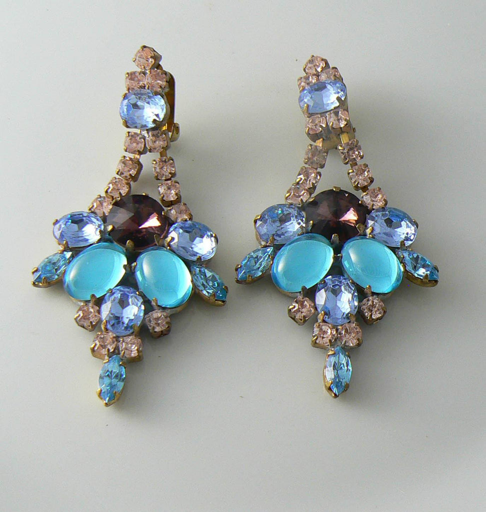 Fancy Czech Rhinestone Blue Clip On Earrings