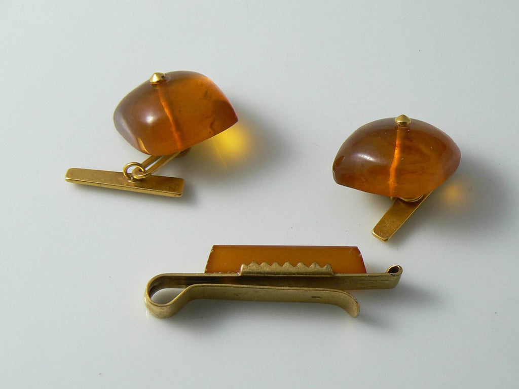 Old Russian Soviet USSR Genuine Baltic Amber Cufflinks And Tie Clip - Vintage Lane Jewelry