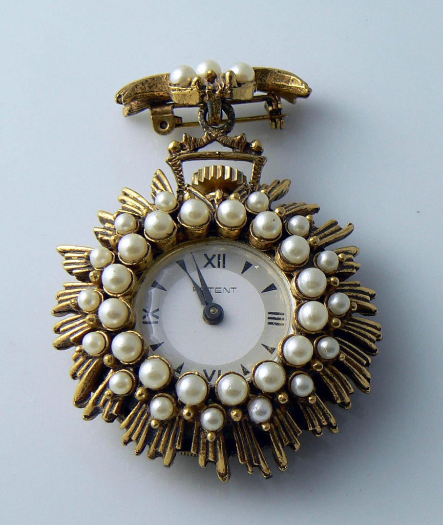 Vintage Patent Faux Pearl Watch Brooch