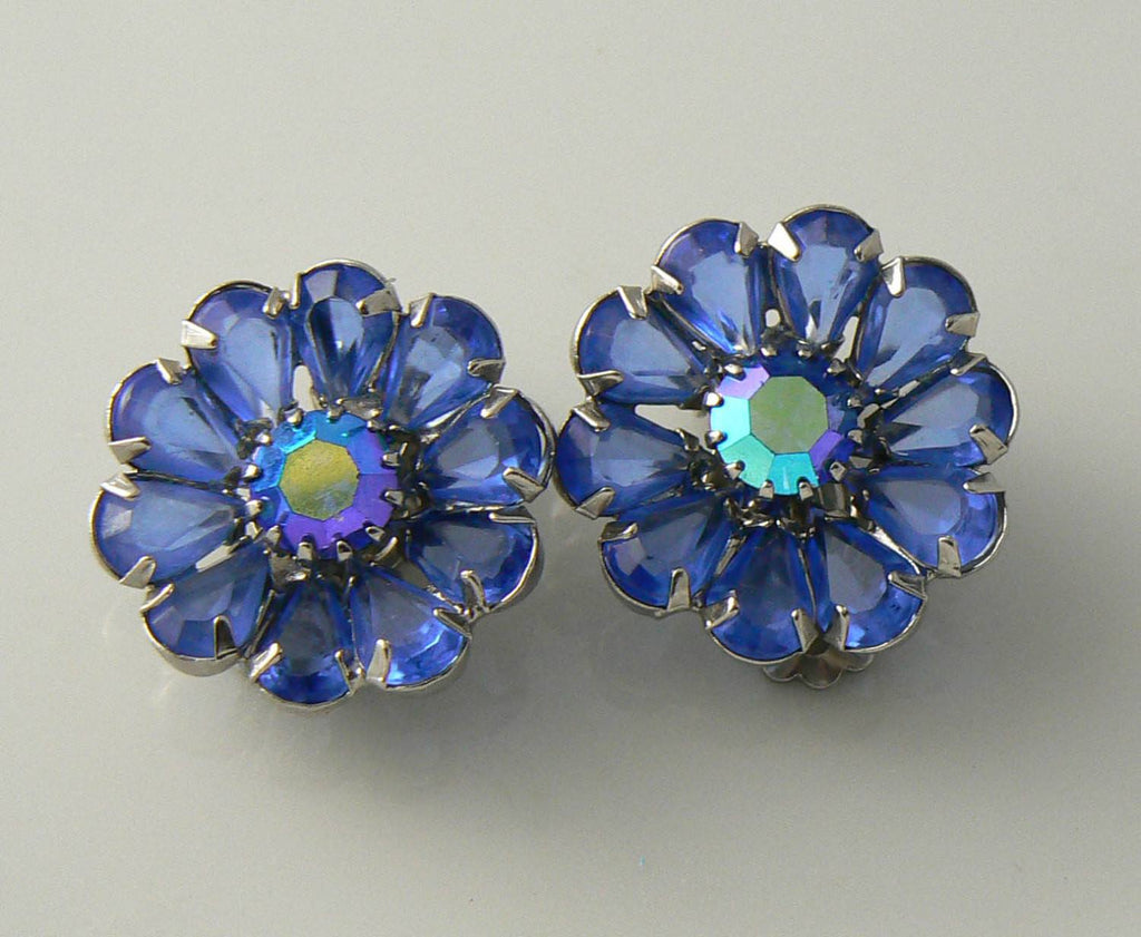 Signed Weiss Blue crystal flowers with AB blue rhinestone centers