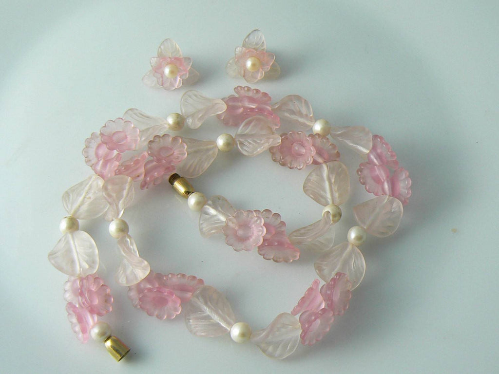 Pink White Frosted Satin Lucite And Faux Pearl Necklace Earrings Set