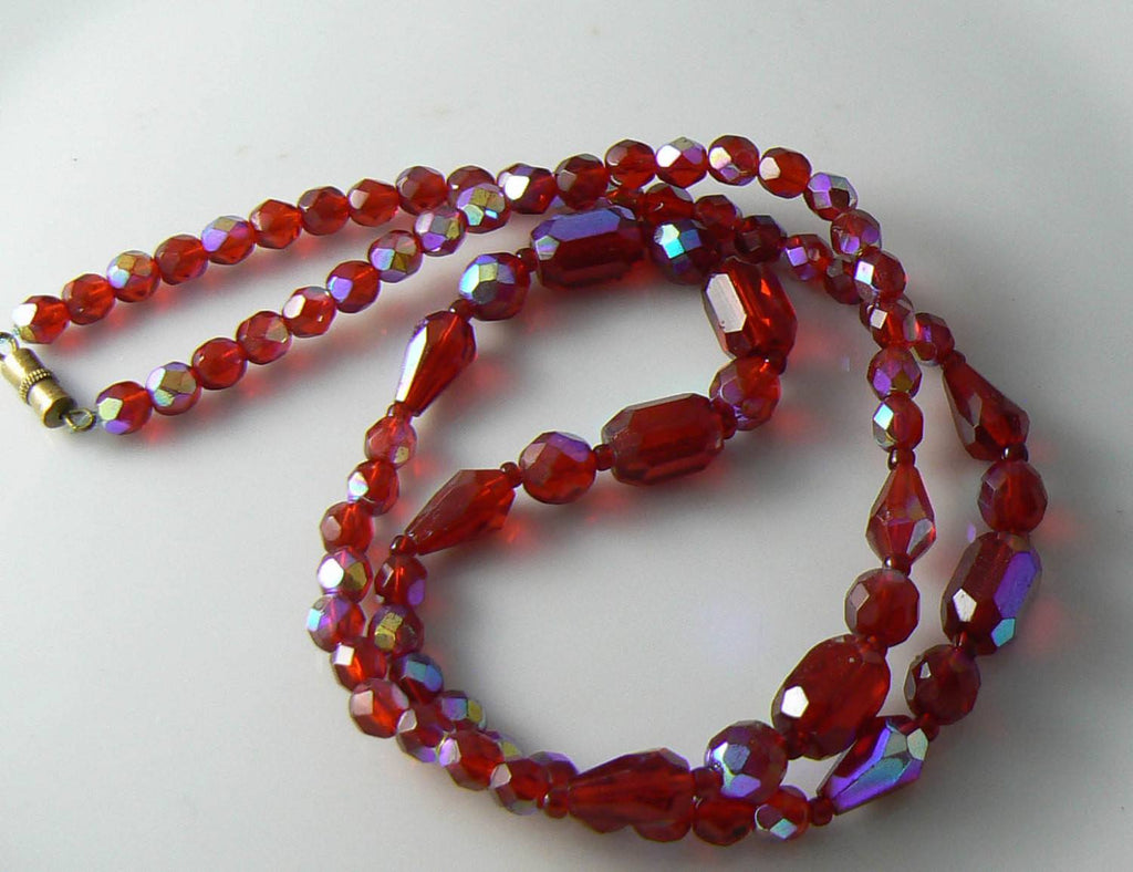 Vintage Carnival Glass Iridescent Red Glass Necklace