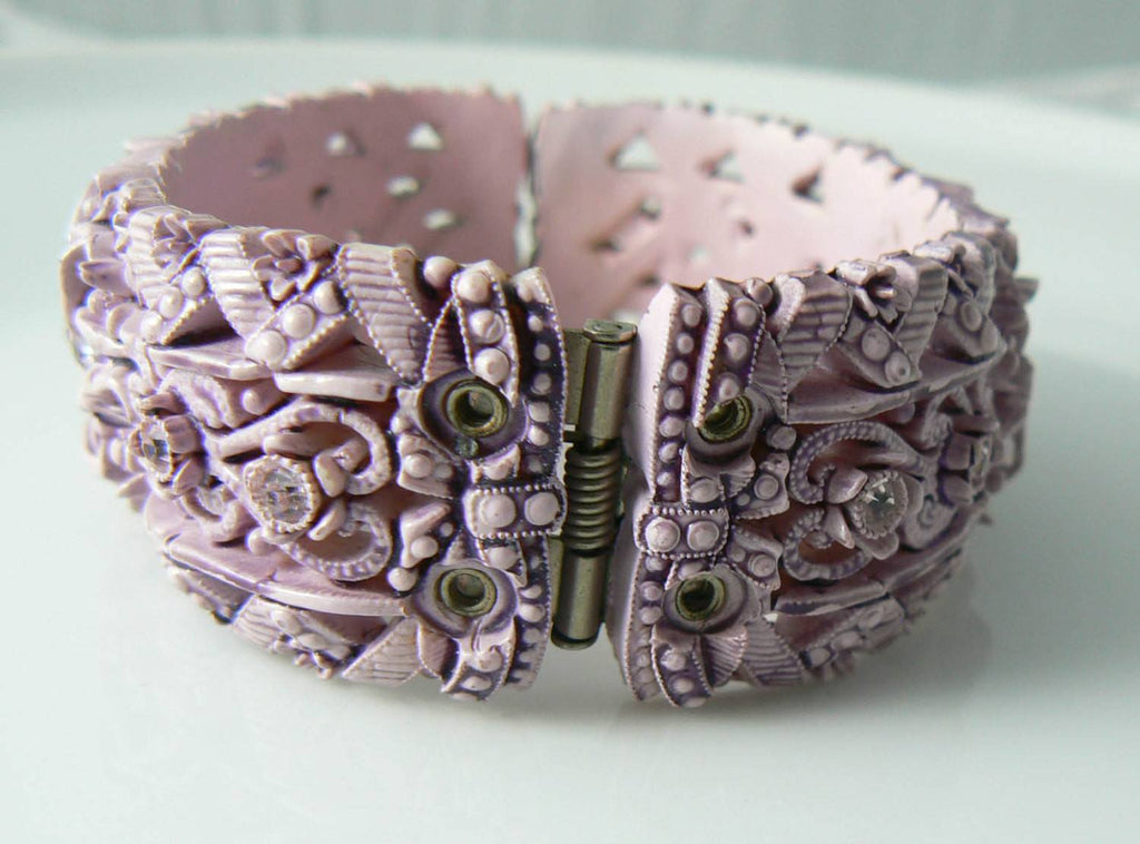 Lavender Vintage Carved Celluloid And Rhinestone Bracelet - Vintage Lane Jewelry