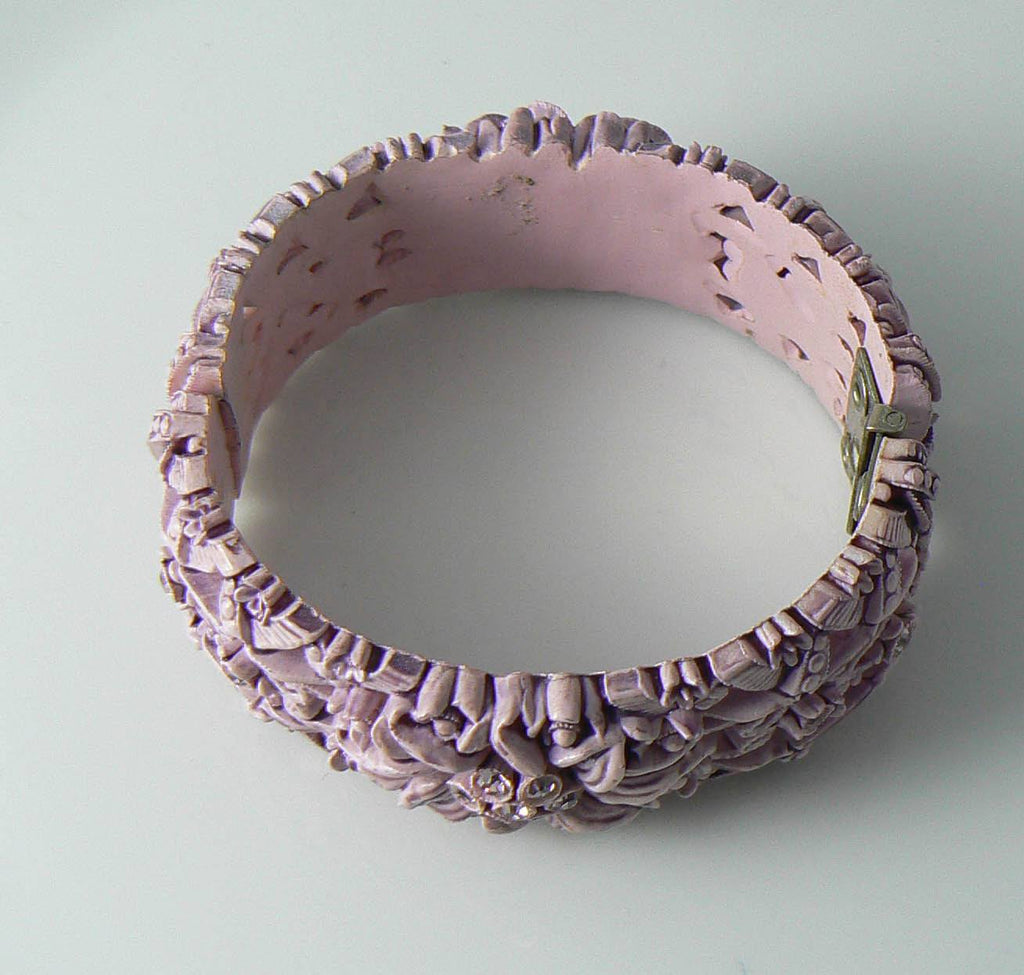 Lavender Vintage Carved Celluloid And Rhinestone Bracelet - Vintage Lane Jewelry