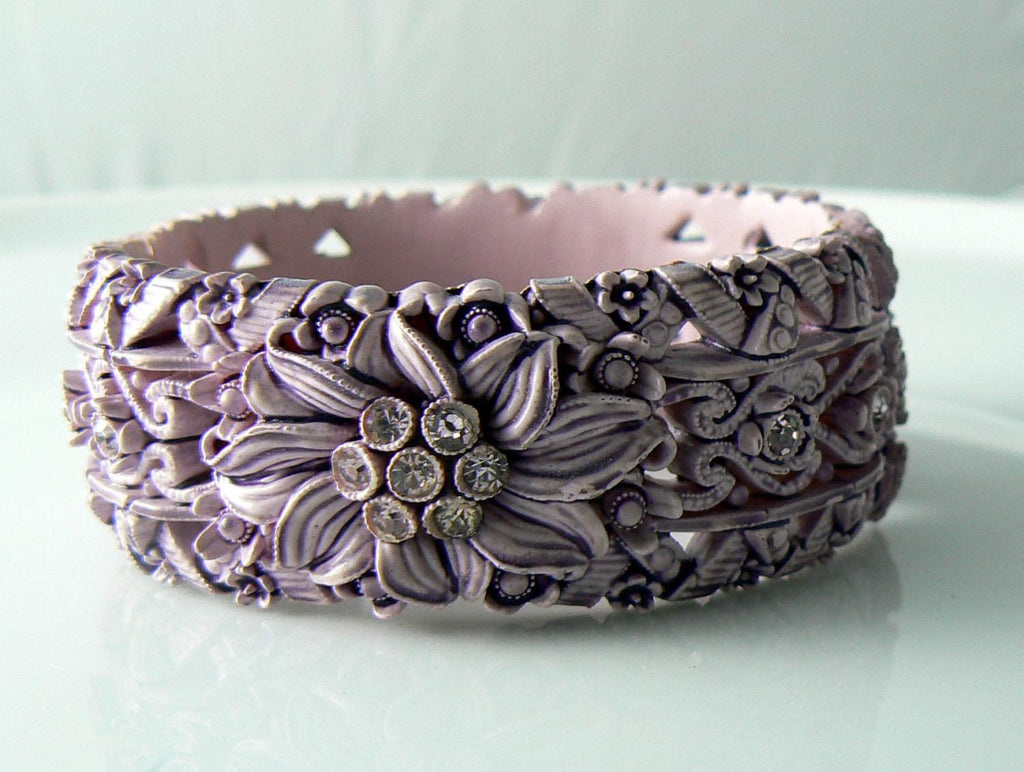 Lavender Vintage Carved Celluloid And Rhinestone Bracelet