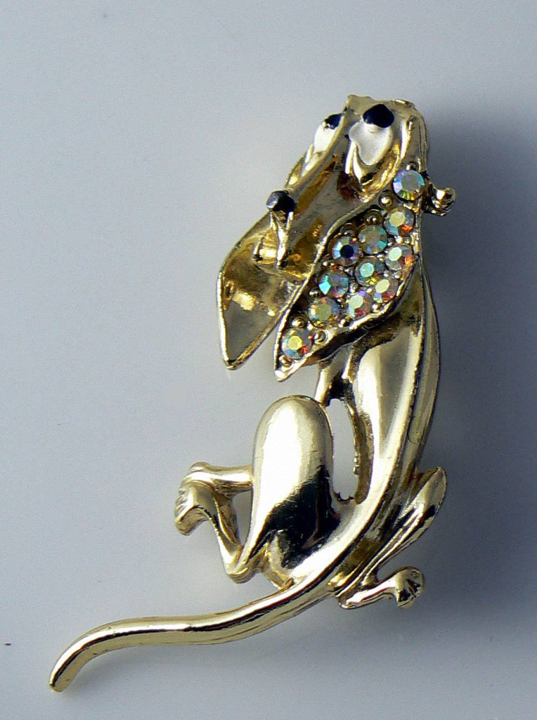 Vintage Gold Tone Rhinestone Basset Hound Brooch