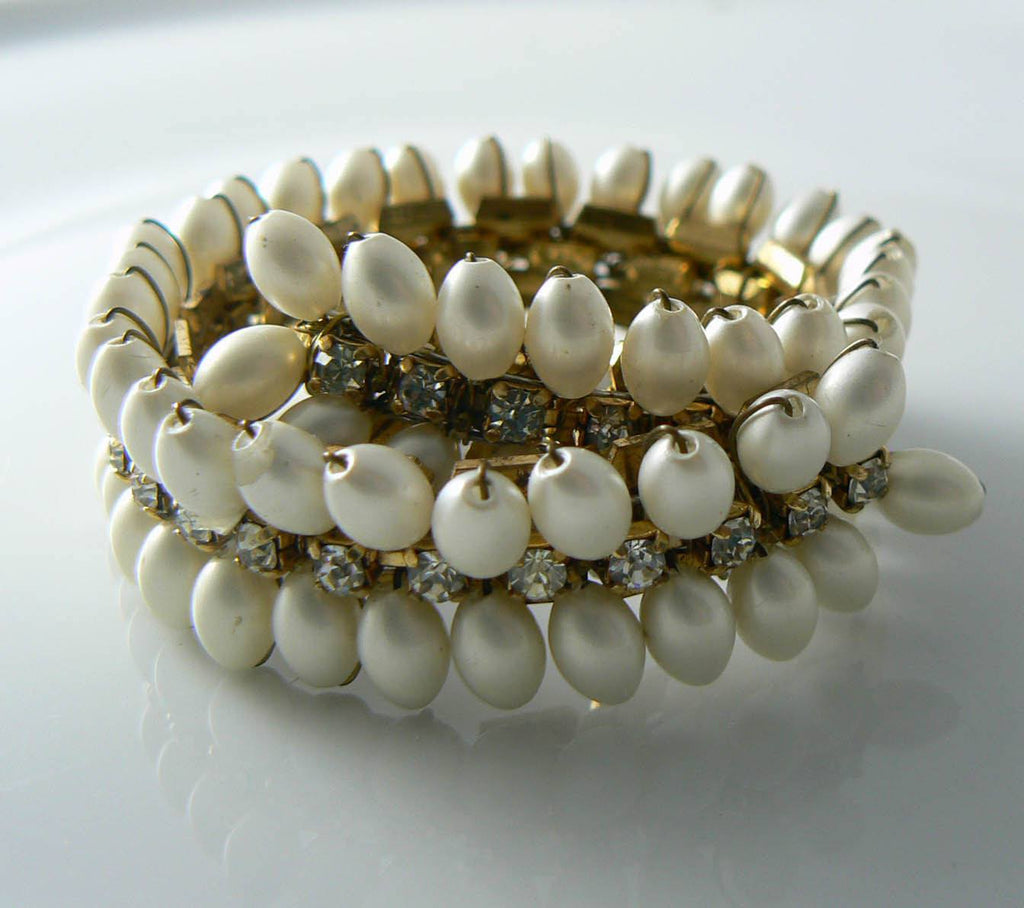 Alice Caviness Faux Pearl Rhinestone Bracelet Earrings Set - Vintage Lane Jewelry
