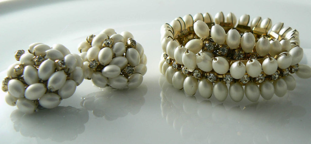 Alice Caviness Faux Pearl Rhinestone Bracelet Earrings Set