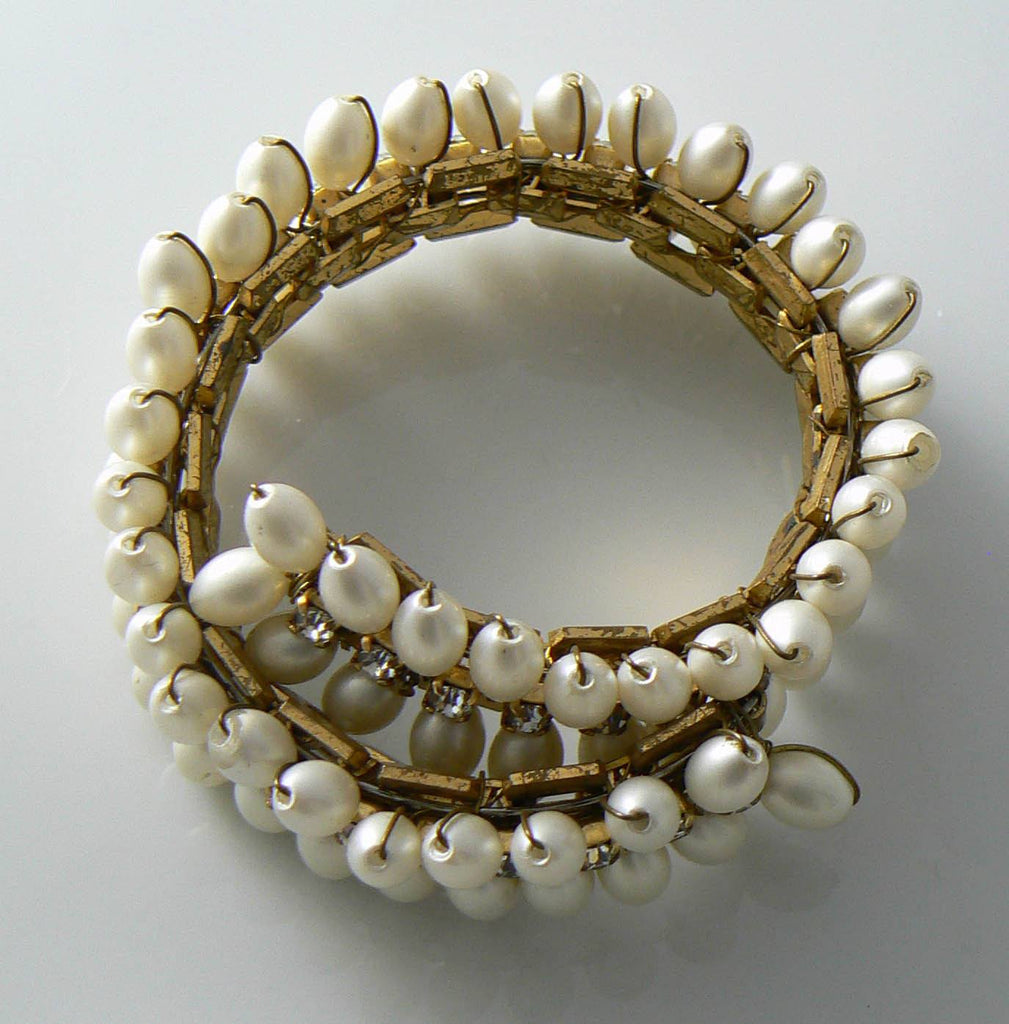 Alice Caviness Faux Pearl Rhinestone Bracelet Earrings Set - Vintage Lane Jewelry
