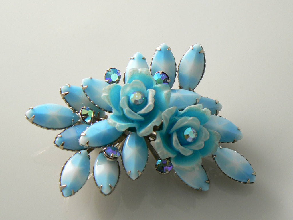 Vintage 1960's Sky Blue Roses And Milk Glass Star Sapphire Brooch