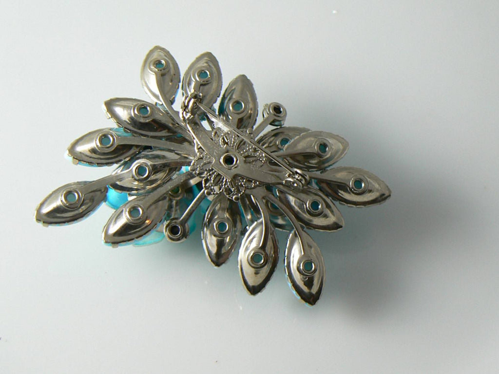 Vintage 1960's Sky Blue Roses And Milk Glass Star Sapphire Brooch - Vintage Lane Jewelry