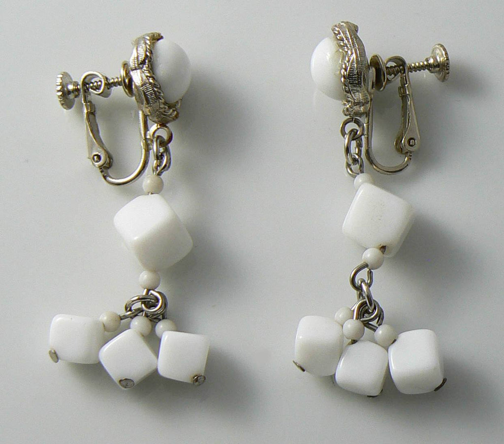 Signed Hobe Milk Glass Dangle Earrings