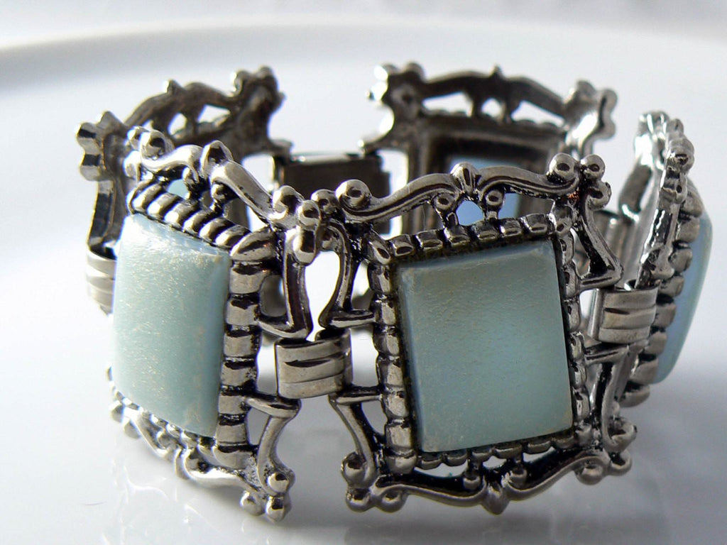 Chunky Ornate Lucite Silver Tone Bracelet