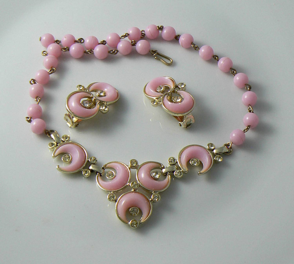 Vintage Signed Kramer Pink Crescent Moon Demi Parure