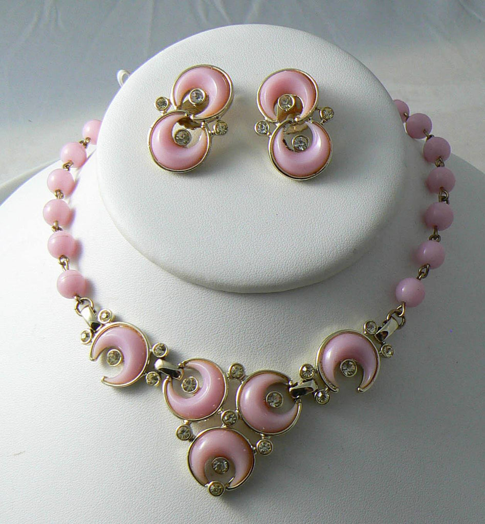 Vintage Signed Kramer Pink Crescent Moon Demi Parure - Vintage Lane Jewelry