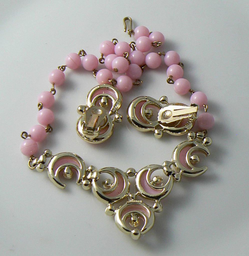 Vintage Signed Kramer Pink Crescent Moon Demi Parure - Vintage Lane Jewelry