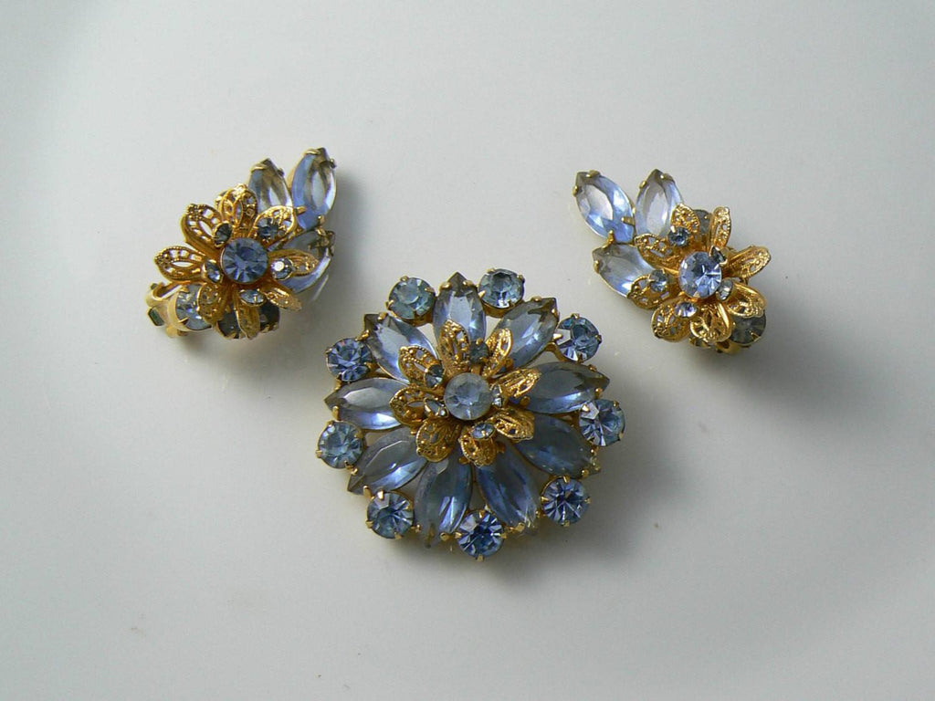 Baby Blue Rhinestone Brooch With Matching Clip Earrings