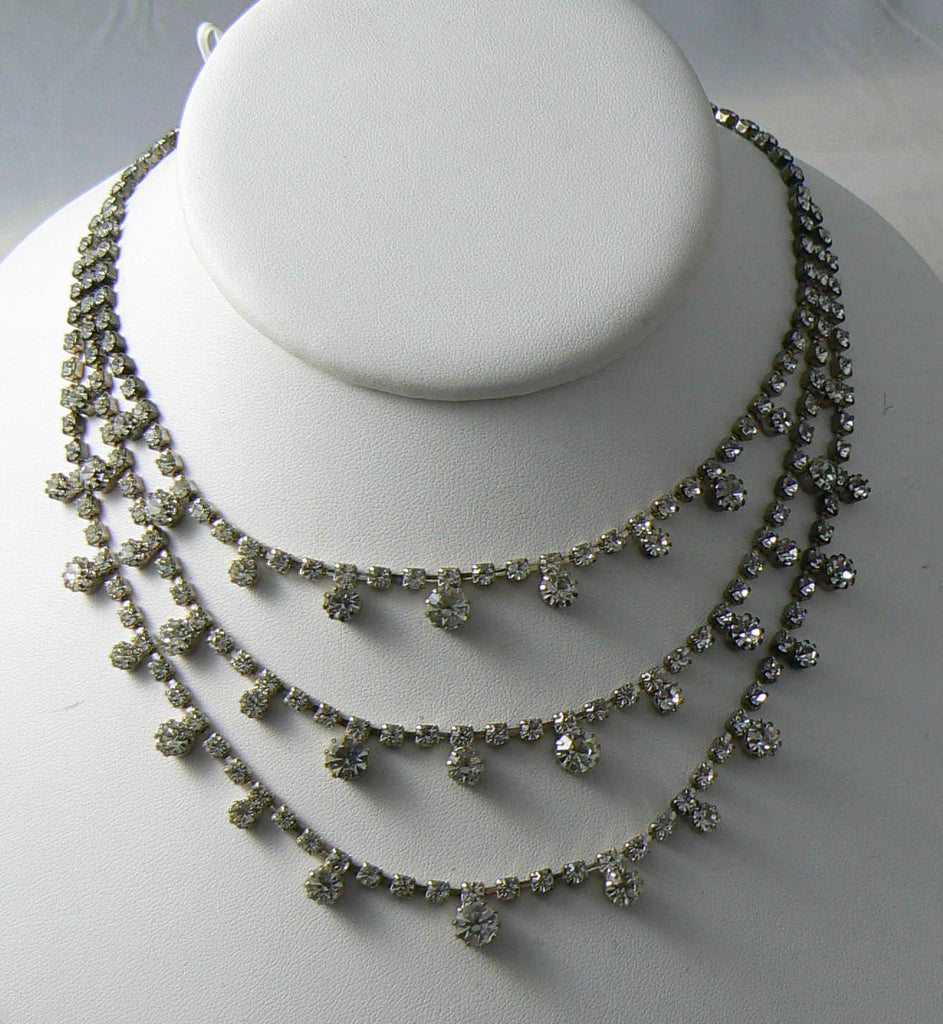Vintage Triple Strand Prong Set Rhinestone Necklace
