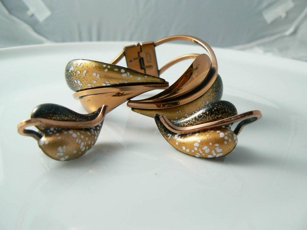 Fabulous Vintage Matisse Renoir Signed Copper and Enamel Hinged Bangle Bracelet Set