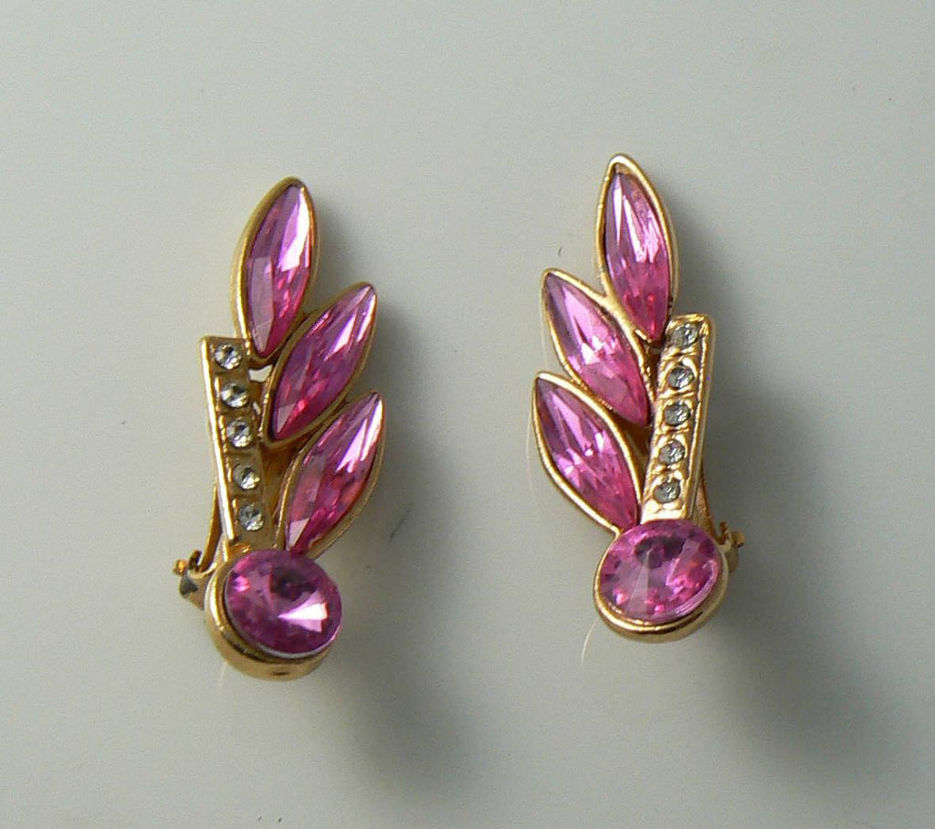Vintage Pink And Clear Rhinestone Clip On Earrings On Gold Tone Metal