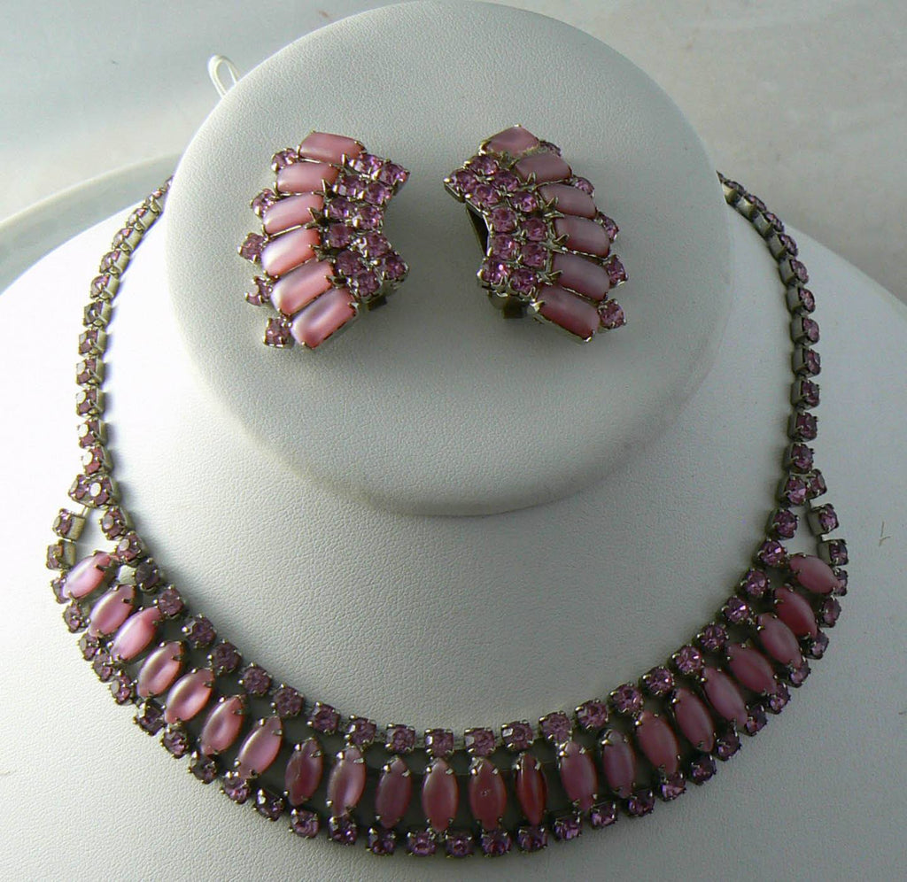 Vintage Juliana Style Pink Milk Glass Rhinestone Necklace Earring Set